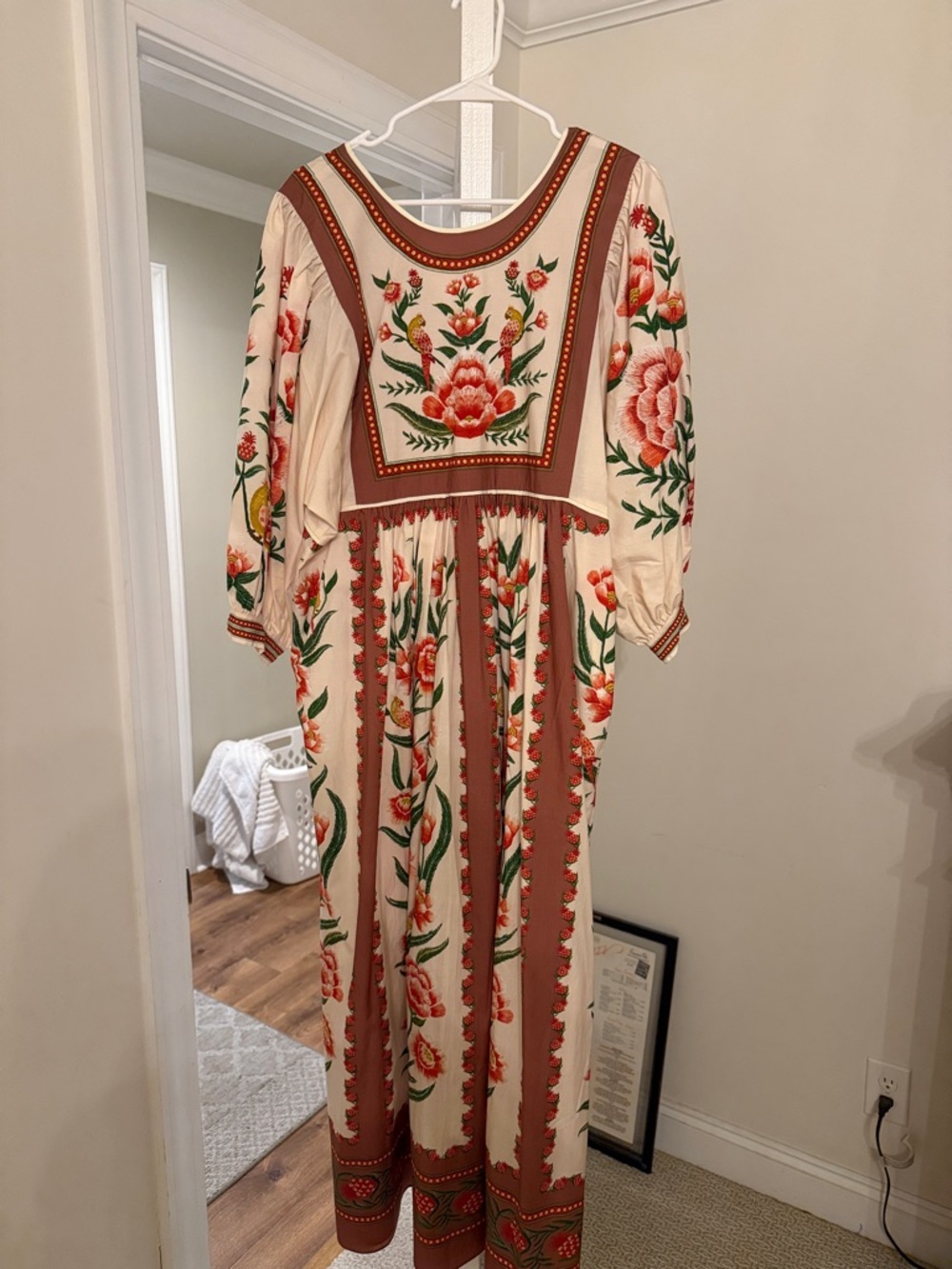 NWT FARM RIO Anthropologie Cream Maxi Dress with Rust Floral Embroidery